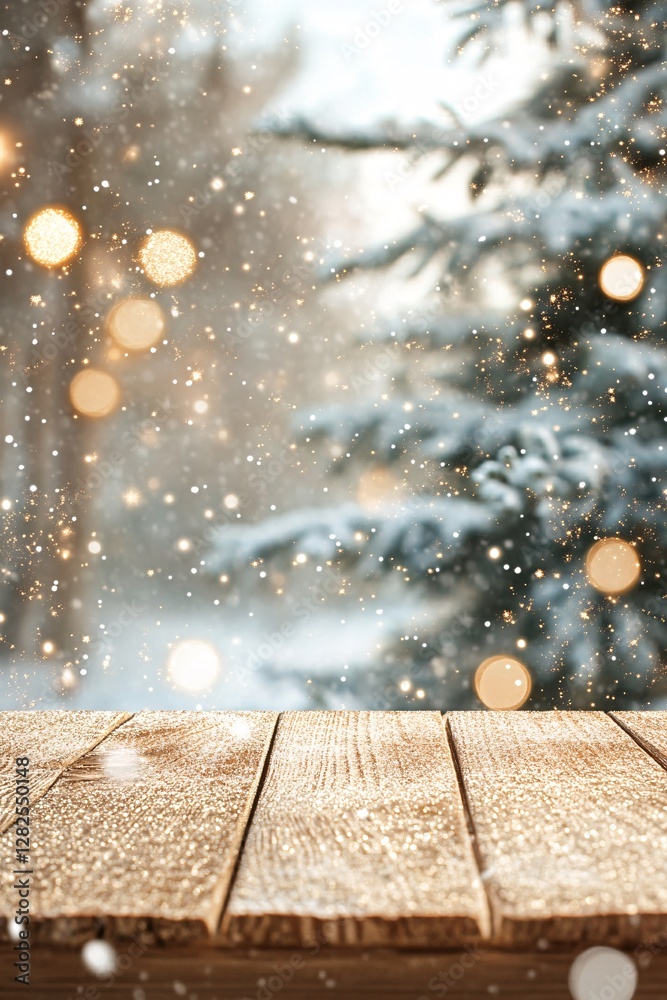 Poster snow falling on wooden table with christmas tree and lights in background