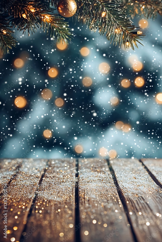 Poster christmas background with empty wooden deck table under falling snow and decorated fir tree branch