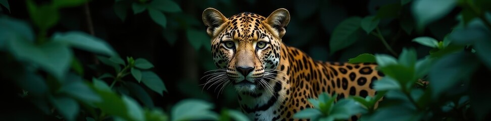 Close-up leopard in dense tropical vegetation, black background, dark photography, dark