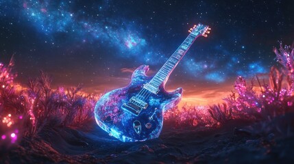 Crystal guitar in a field at sunset, starscape background; album art