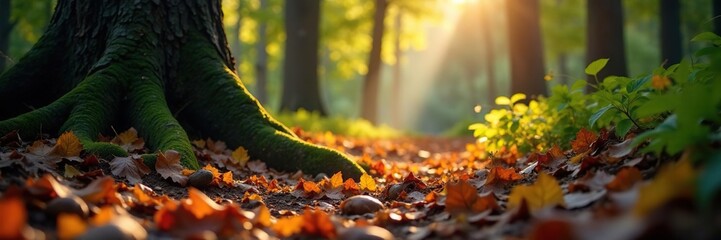 Forest floor with fallen leaves and fading light, undergrowth, tree