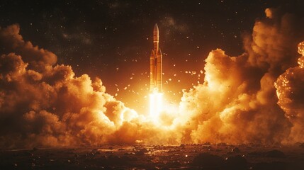 Obraz premium A Majestic Rocket Launch in a Fiery Explosion of Orange Flames and Billowing Smoke Against a Dusk Sky, Symbolizing Adventure and Space Exploration