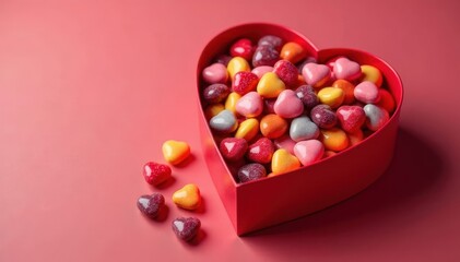 Obraz premium Red heart box overflowing with assorted candies, birthday, adorable, premium