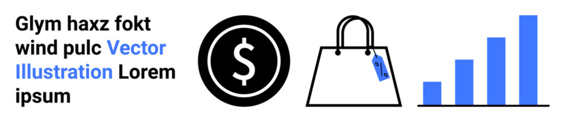 Dollar icon, shopping bag with tag, ascending bar chart portraying financial growth, shopping, business. Ideal for finance, e-commerce, marketing, retail analytics economics flat landing page