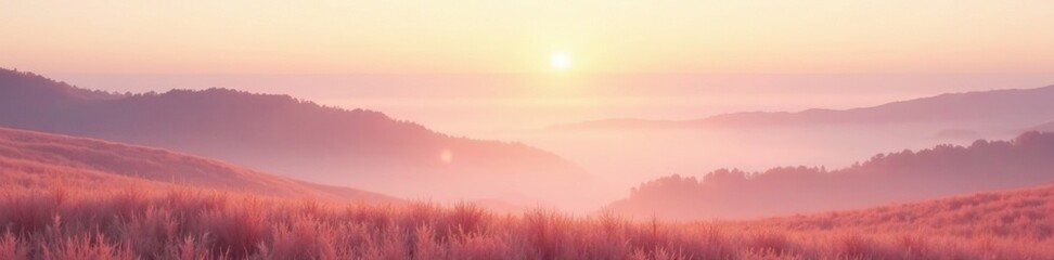Soft peach mist rises over a serene landscape, soft pastel, nature