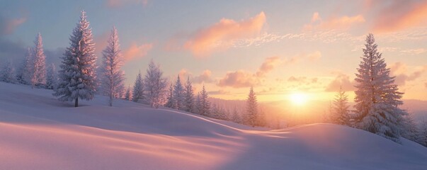 Majestic winter landscape at sunset illuminating snowy trees and hills