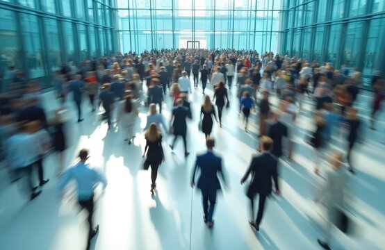Fototapeta Long exposure shot of large crowd of business people walking in bright office lobby. Fast moving blurry people in blue corporate background. Ideal for business, finance or HR.