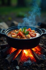 Campfire dutch oven stew bubbling merrily on hot coals , outdoors, rustic cooking, winter