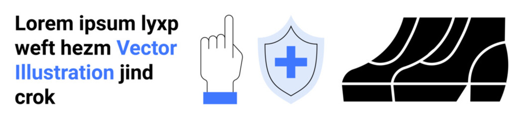 Fototapeta premium Hand with raised finger, shield icon with medical cross, and footwear soles emphasizing safety. Ideal for healthcare, insurance, footwear, medical, protection safety and branding. Flat landing page