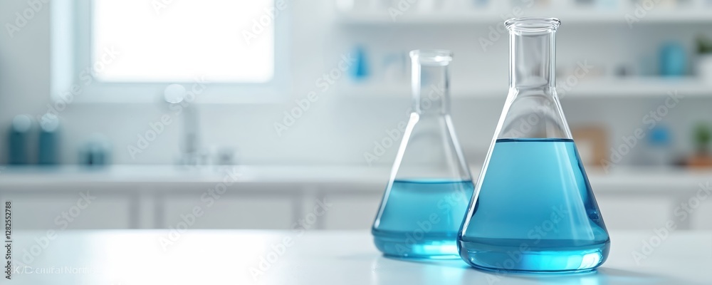 Poster Close-up of laboratory flasks with cyan liquid in minimalistic modern lab. Glassware with blue fluid for scientific experiments, research. Test tubes for medical analysis, pharmaceutical development.