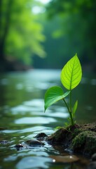 Riverbank Nipah plant growing amidst serene water flow, flora, growth