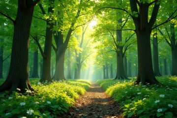 Obraz premium Sun-dappled spring forest, vibrant green canopy, woods, flora, trees