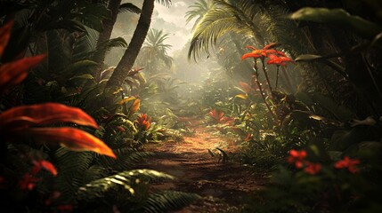 Lush Tropical Jungle Path with Red Flowers and Sunlight