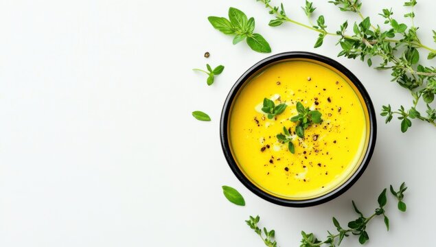 Golden Soup: An overhead shot presents a bowl of golden soup, elegantly garnished with fresh herbs. The composition, set on a clean surface, suggests a focus on simplicity and culinary artistry.