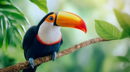 Fototapeta premium Vibrant Toucan with Colorful Beak Perched on Tree Branch in Jungle