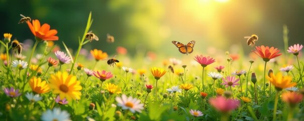 Sun-drenched meadow, diverse flowers attract pollinators, fauna, insects