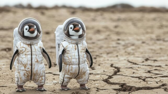 global warming concept Astronaut penguins on cracked ground