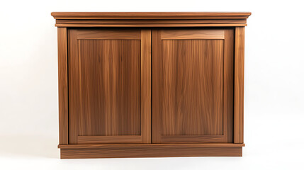 A compact storage cabinet with two sliding doors and a walnut wood finish, on seamless white background.