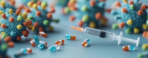 A syringe lies amidst colorful virus-like structures and capsules, symbolizing the fight against infectious diseases and the importance of vaccination.