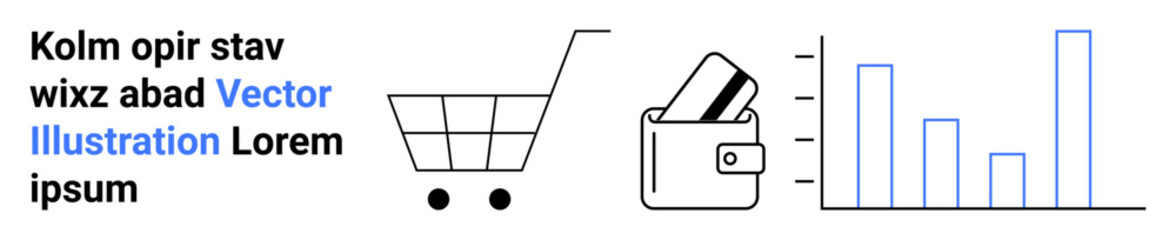 Shopping cart, wallet with a credit card, and bar chart elements. Ideal for e-commerce, online shopping, financial analysis, business growth, market trends budgeting consumer behavior. Landing page