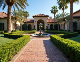 Obraz premium Large luxury house with brick walkway surrounded by trimmed bushes, palm trees. Sunny exterior with summer clear sky. Residential estate features landscaped garden, fountain, building with roof tile.