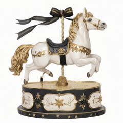 White Carousel Horse Figurine on Hind Legs with Gold and Black Accents, Stars, and Ribbon.