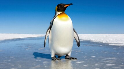 Fototapeta premium Majestic Emperor Penguin Standing on Icy Surface Under Clear Sky