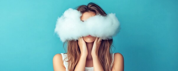 Young woman covering her face with a cloud on blue background