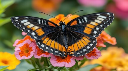 Naklejka premium Butterfly on flower, closeup nature scene. Pollinating, colorful background. Stock