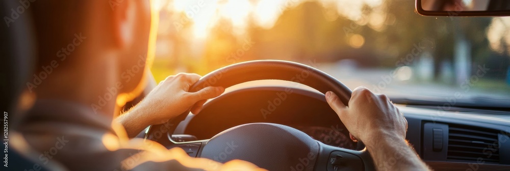 Aufkleber sunset drive on a scenic road with hands gripping the steering wheel in a tranquil setting. generati