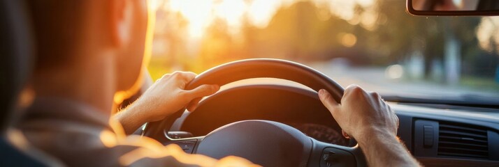 Sunset drive on a scenic road with hands gripping the steering wheel in a tranquil setting. Generative AI