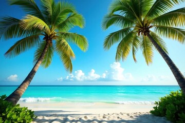 Fototapeta premium Leaning palm trees frame turquoise ocean waves, ocean view, nature, scenic