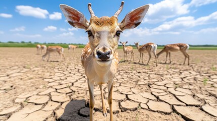 Young Antelope Stands on Dry Cracked Earth Under Bright Blue Sky