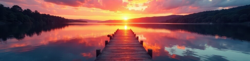 Fototapeta premium Wooden dock extending into calm lake at sunset; vibrant colors , autumn, evening