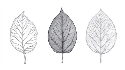 Obraz premium Three leaf sketches, grayscale variations, white background, botanical illustration, nature design