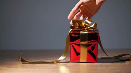 A video still of a red gift box with a gold ribbon on a wooden table. Shot from a low angle, highlighting the elegant and festive presentation.