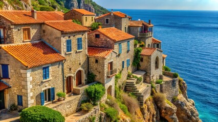 Obraz premium Ancient stone houses with terracotta roofs and blue shutters on a steep cliffside overlooking the Mediterranean Sea , coastal town, Mediterranean