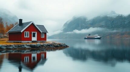 Fototapeta premium Misty fjord landscape, red cabin, cruise ship, autumn