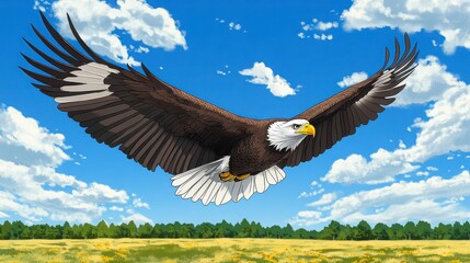 Obraz premium Majestic Bald Eagle Soaring Through a Bright Blue Sky
