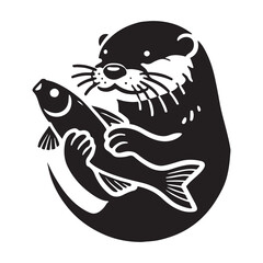 Otter holding a fish Silhouette Vector Illustration, Solid White Background.