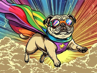 Superhero pug dog wearing rainbow cape and lightning bolt goggles flying in a comic book style, cloud background, comic panels