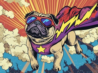 Superhero pug dog wearing rainbow cape and lightning bolt goggles flying in a comic book style, cloud background, comic panels