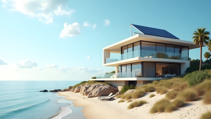 Obraz premium A house facade on the coast, with salt-resistant solar panels. The modern design and coastal landscape highlight the durability and efficiency of solar energy in humid, salty conditions.
