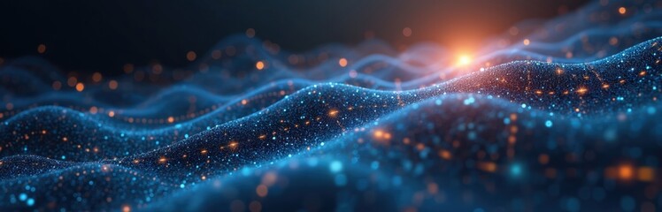 Abstract big data wave background with glowing particles in blue, orange colors. Tech, IT industry, blockchain, cryptocurrency concepts. Futuristic digital data stream visualization on dark backdrop.