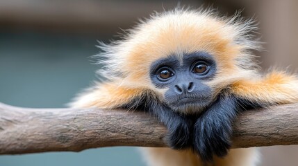 Obraz premium Baby monkey resting on branch, zoo enclosure. Possible use Educational materials or stock photo