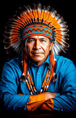Obraz premium Man wearing a red and orange headdress and blue shirt. He is sitting with his arms crossed