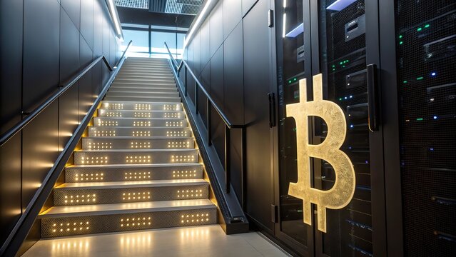 Cryptocurrency Mining Server Room with Bitcoin Symbol