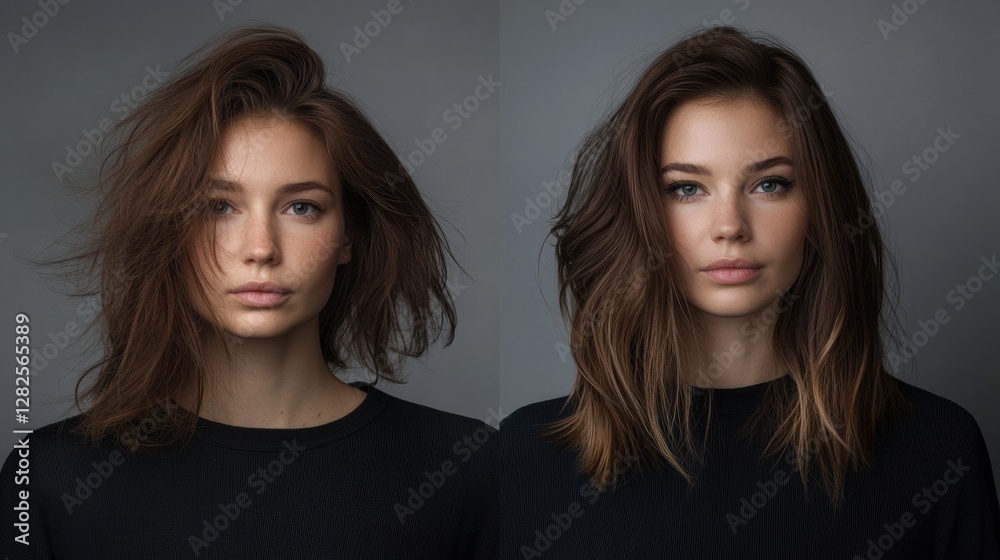 Poster transformation from unkempt to stylish hair showcasing a dramatic change in appearance and confidenc