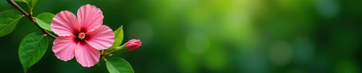 Single pink bloom on branch with green leaves, hibiscus, blossom, leafy greens