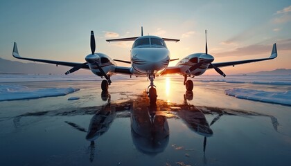 Beechcraft Baron G 58 poised on icy runway, frame reflects cold light. Twin-engine piston aircraft stands ready for flight on freezing winter morning, with snow, mountains behind. Private aviation.